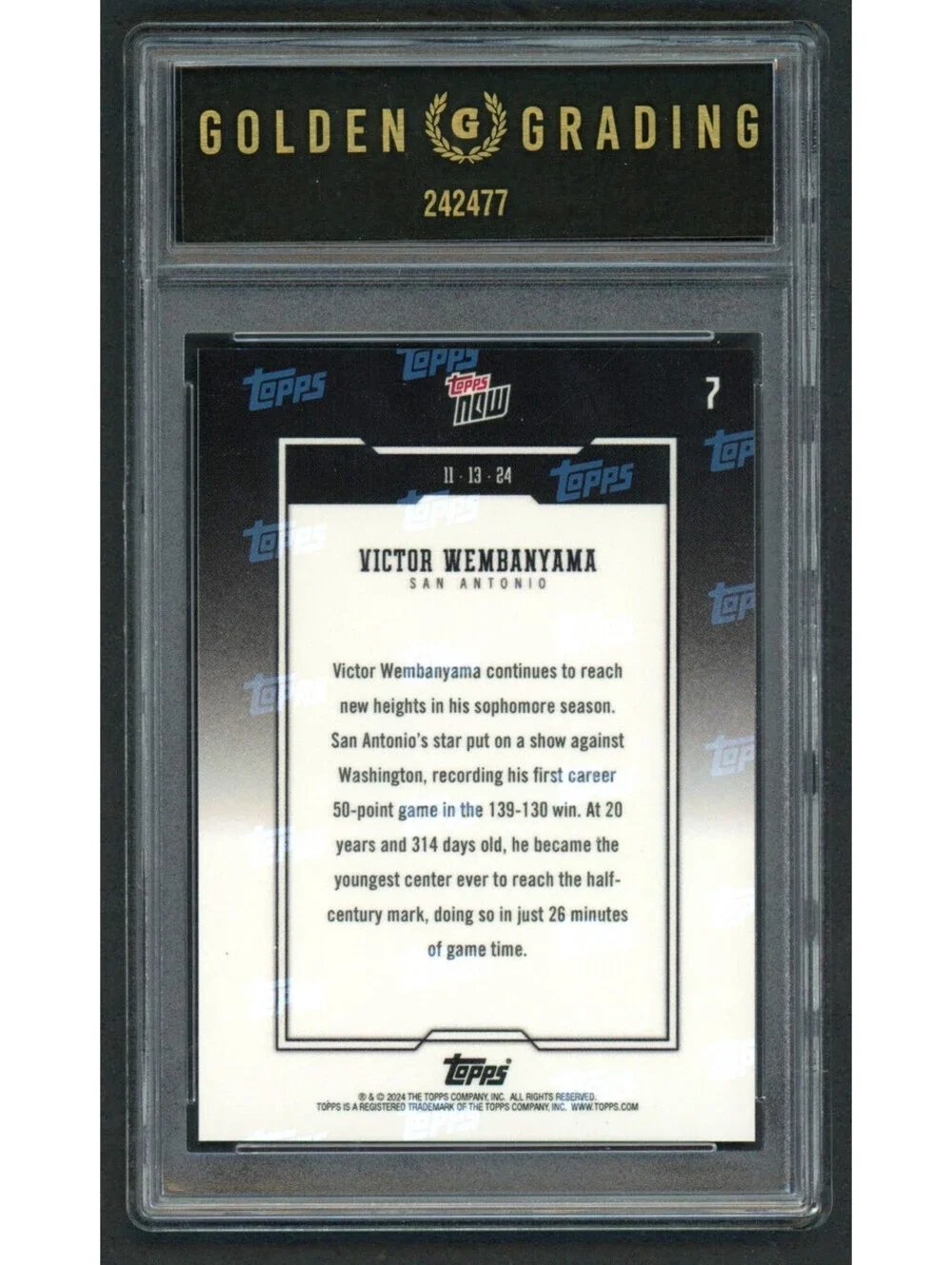 2024-25 Topps Now #7 Victor Wembanyama Spurs 50 Pts. Game Gem Mint 10